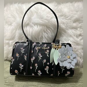 NWT Betsey Johnson OXMACK-N Black Floral Mini Barrel Satchel with Flower Charm
